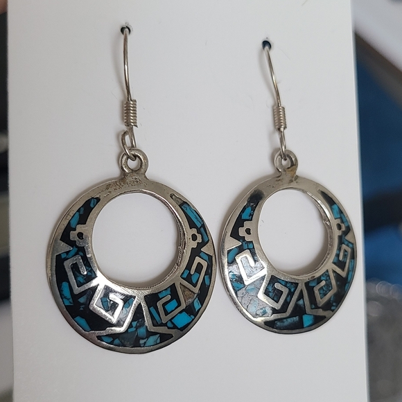 Vintage Sterling Silver Boho Western Mexico Turquoise Inlay Round Drop Earrings - Picture 7 of 12